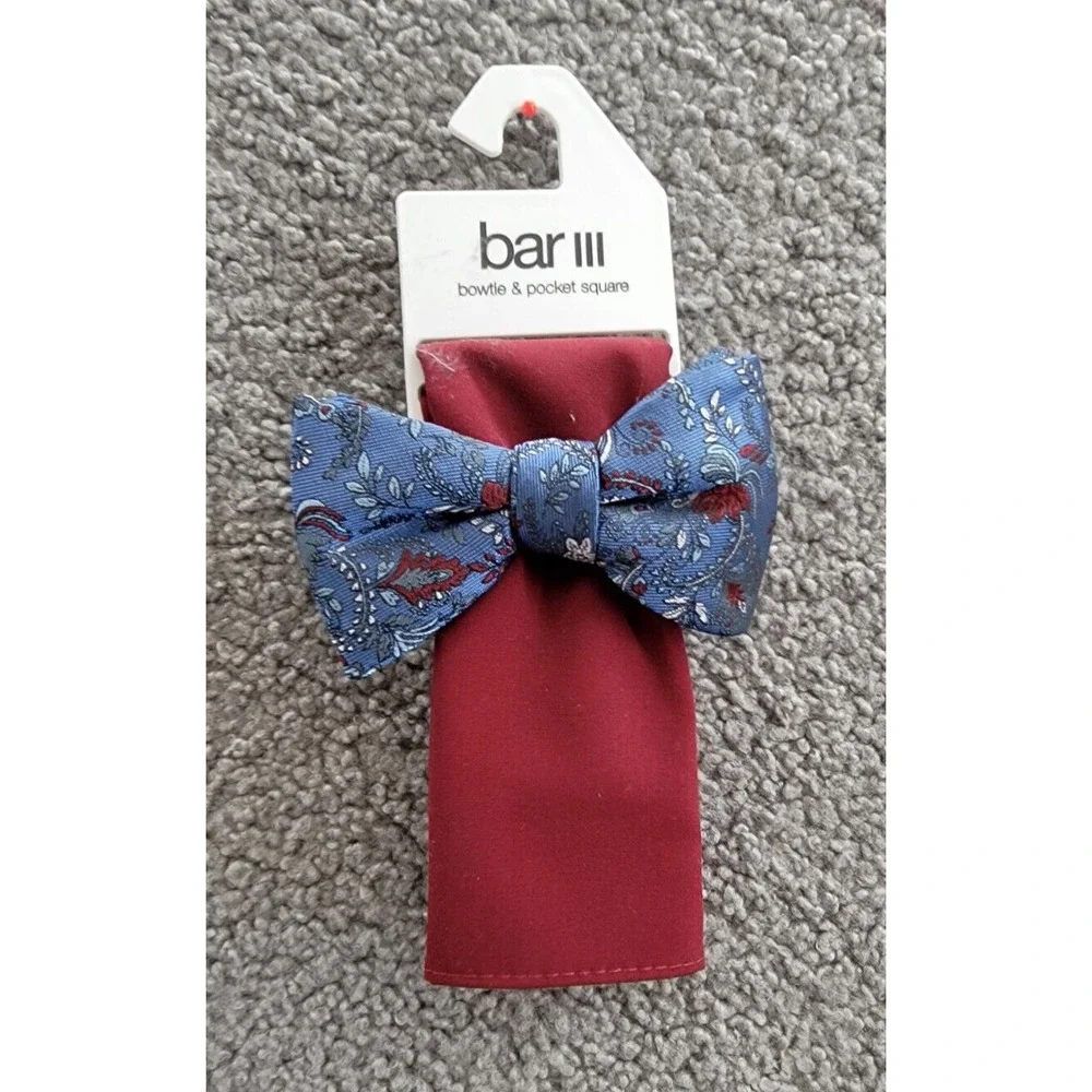 Bar III Floral Bow Tie And Solid Pocket Square Men's One Size Red/Blue - Picture 2 of 15